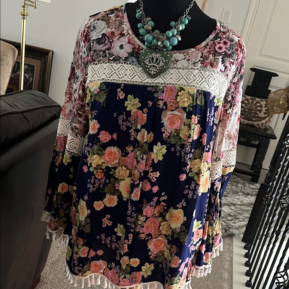 Floral Lace Trim Women's Top by Calessa.